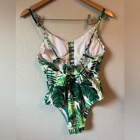 Tropical Leaf Print women’s L Swimsuit deep plunge front sexy beachy vacation - Picture 3 of 5